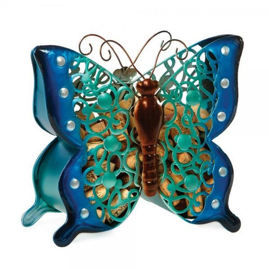 Blue and teal butterfly wine cork holder with intricate design.
