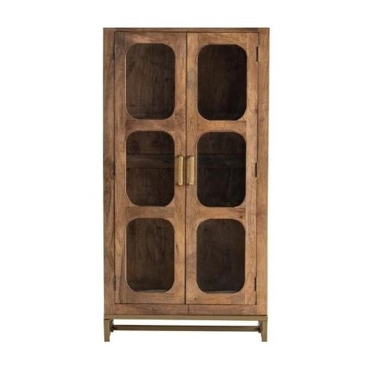 Wooden cabinet with glass panel doors and brass handles.