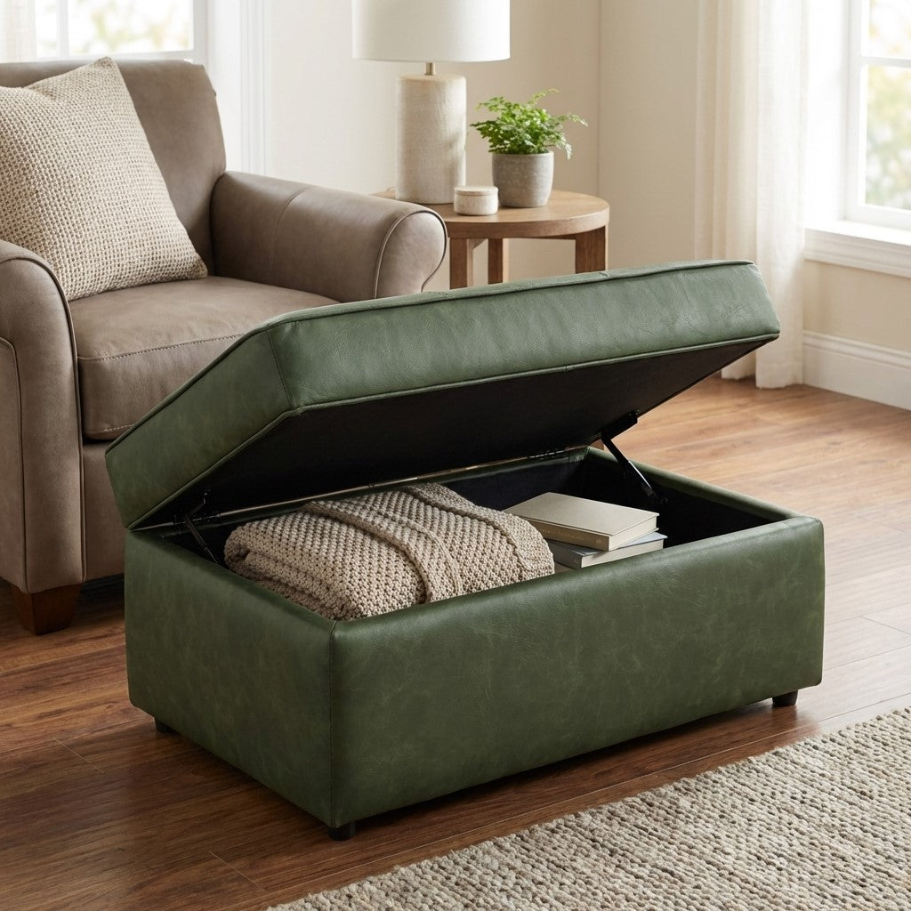Green ottoman storage with books and blanket next to a cozy chair and side table.