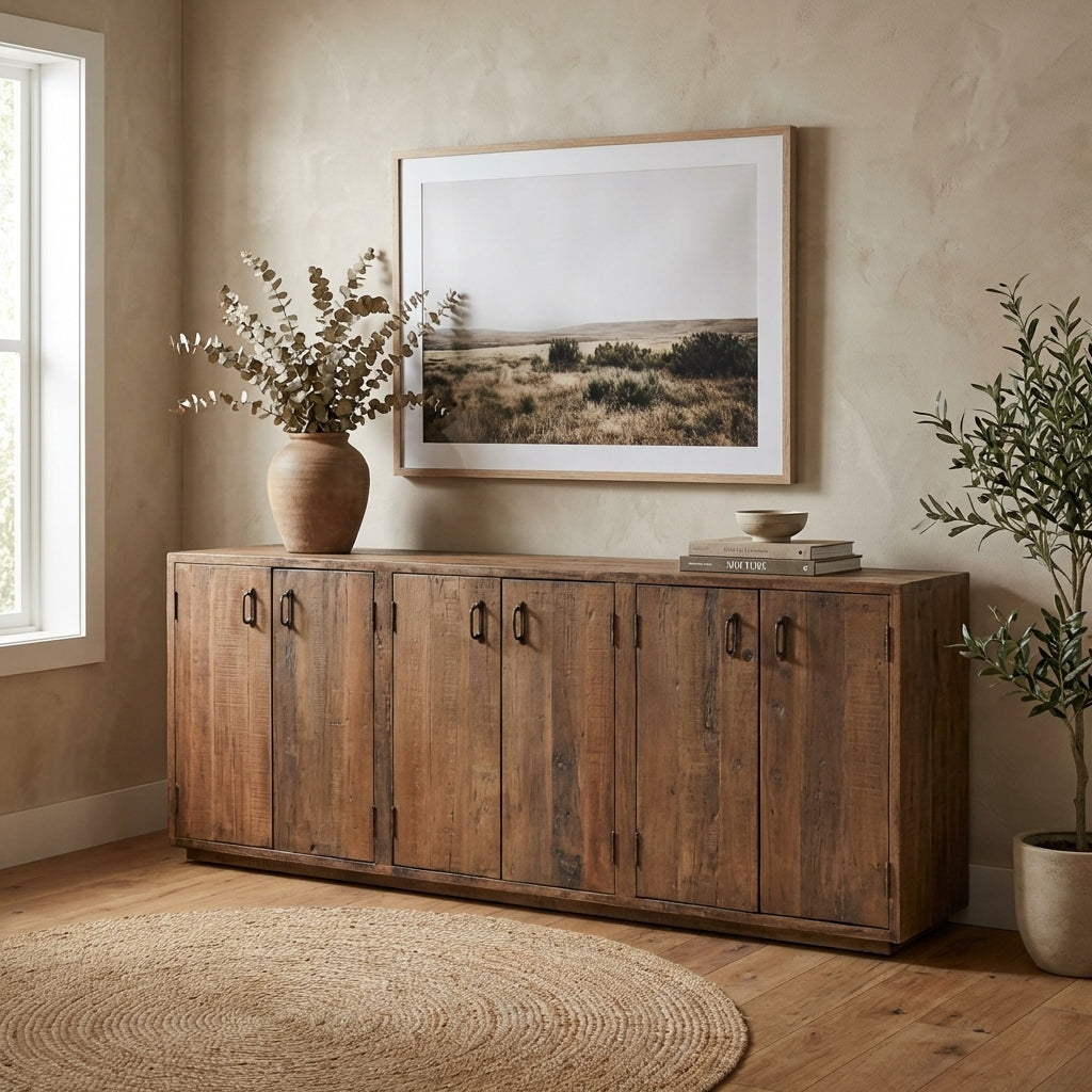 Wooden sideboard with six doors and rustic style.