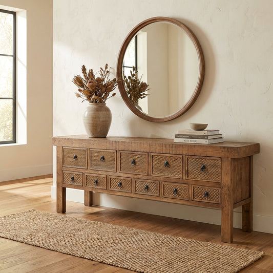 Wooden console table with twelve drawers and textured fronts.