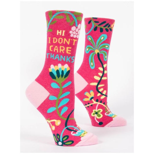 Pink socks with colorful floral design and "Hi I don't care thanks" text.