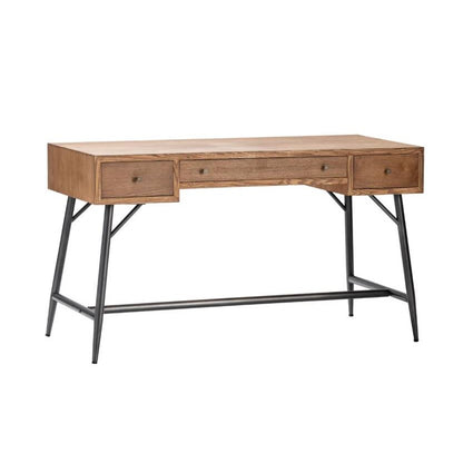 Wooden desk with three drawers, black metal legs.