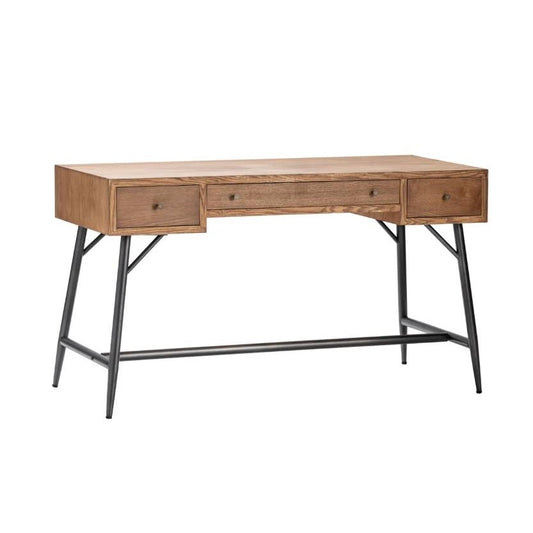Wooden desk with three drawers, black metal legs.