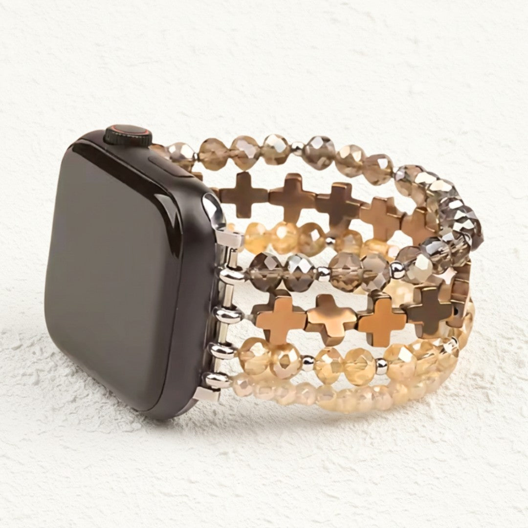 Smartwatch with a beaded strap featuring cross shapes and translucent beads.