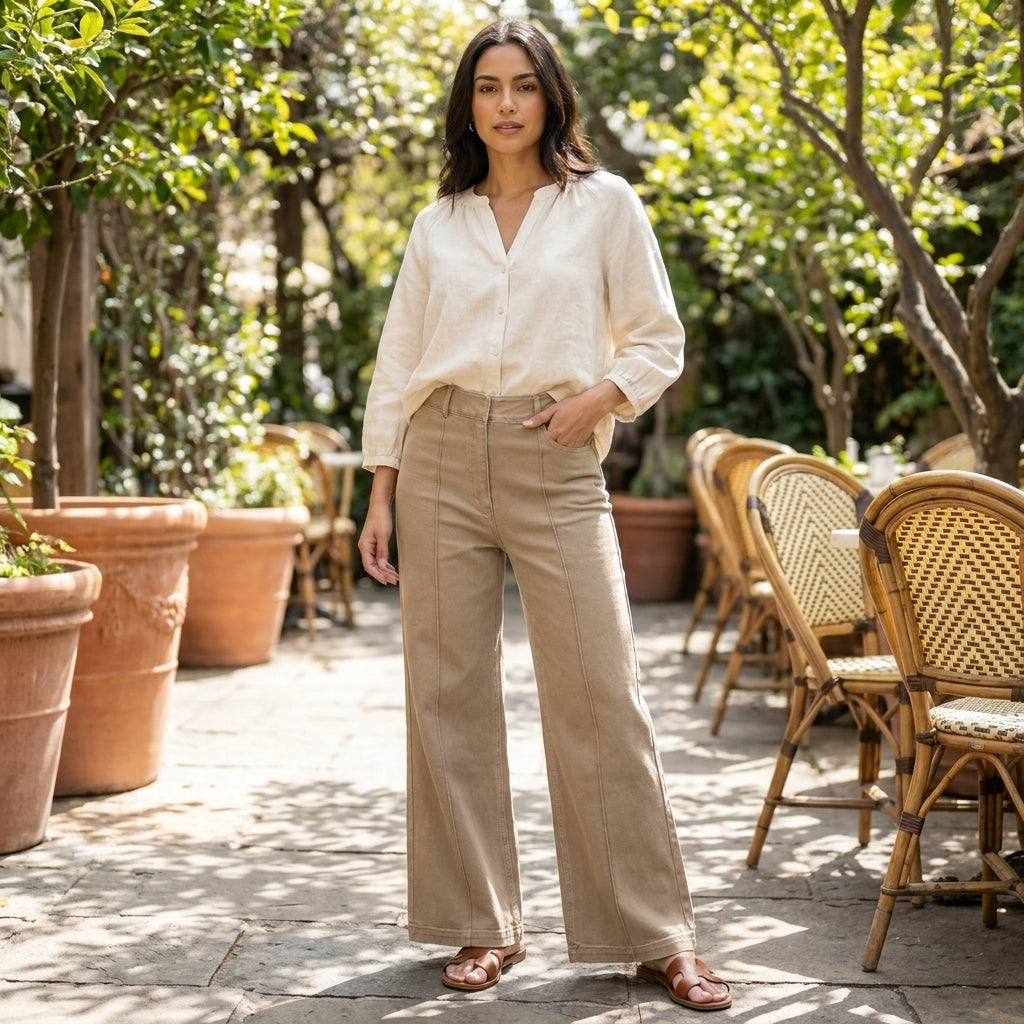 Woman in casual beige outfit standing on a sunlit patio.