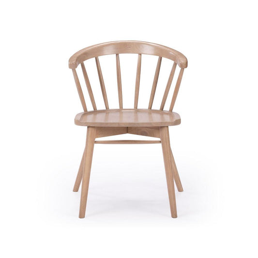 Wooden chair with a curved back and vertical slats.