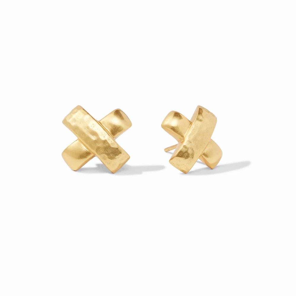 Pair of gold X-shaped stud earrings displayed against a white background.