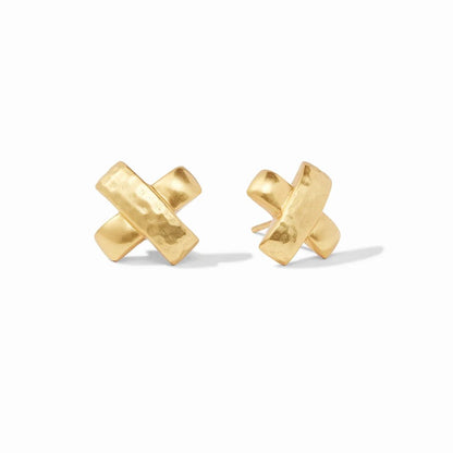 Pair of gold X-shaped stud earrings displayed against a white background.