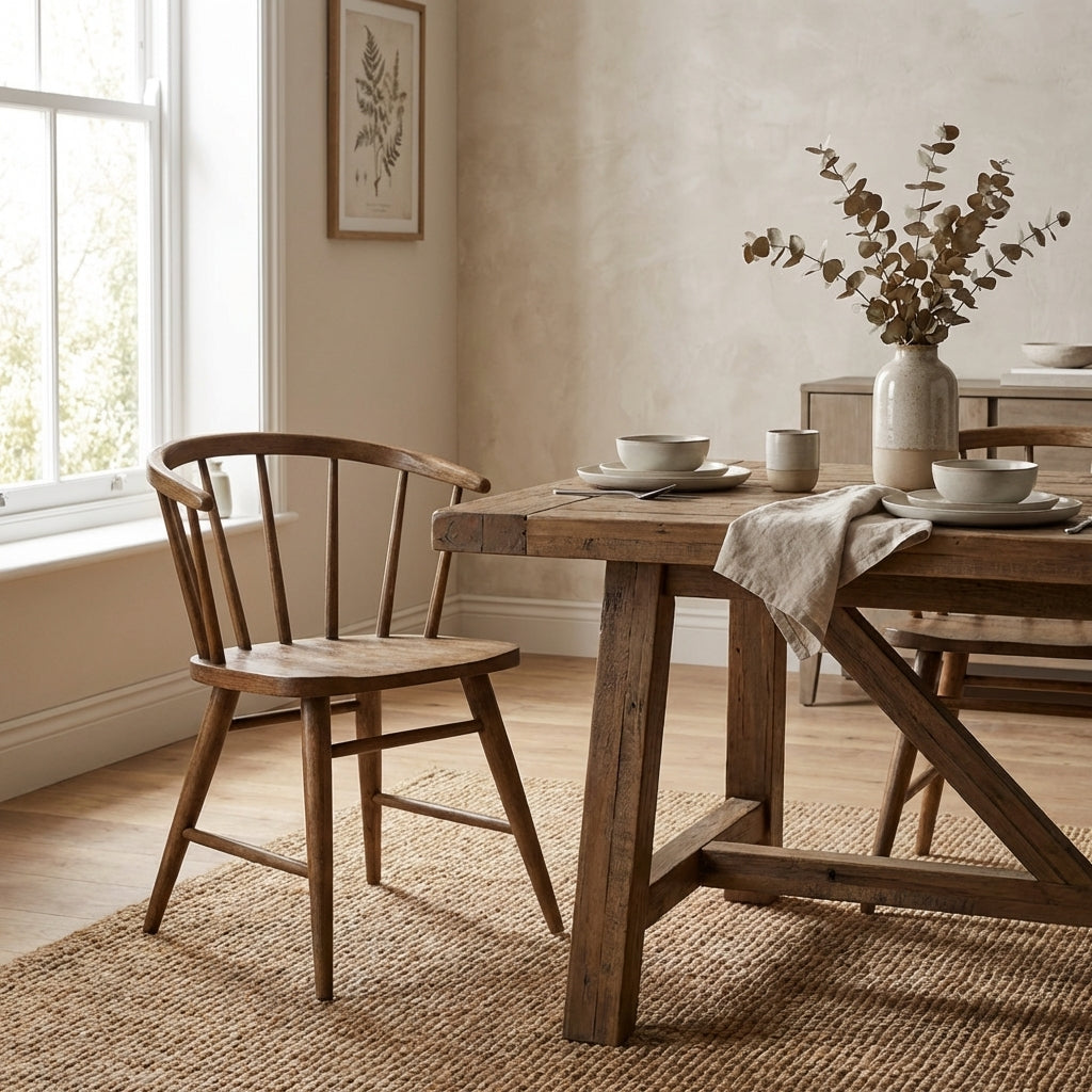 Wooden chair with curved backrest and spindle legs.