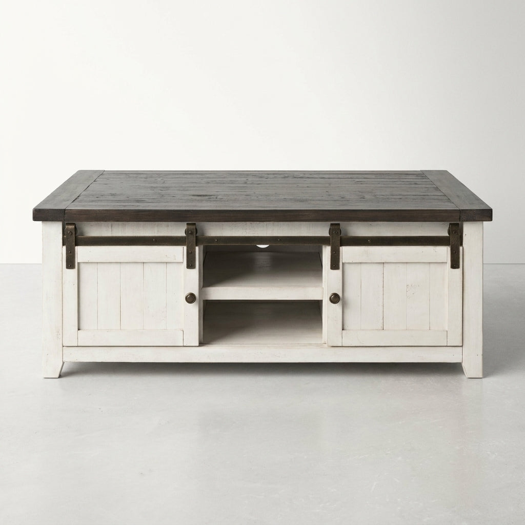 Rustic white coffee table with dark wooden top and sliding barn doors.
