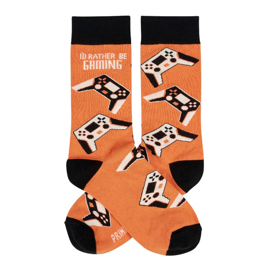 Orange socks with game controllers and "I'd rather be gaming" text.