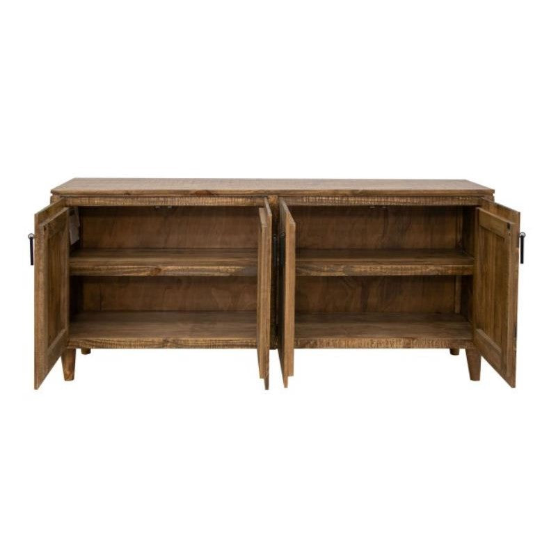 Wooden sideboard with open double doors and inner shelves.