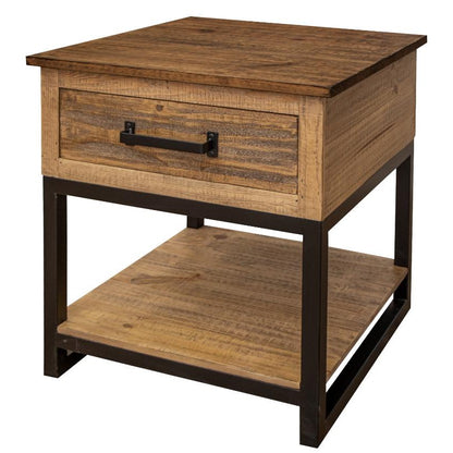 Rustic wooden table with drawer and metal frame.