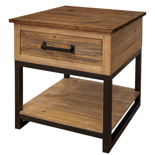 Rustic wooden table with drawer and metal frame.