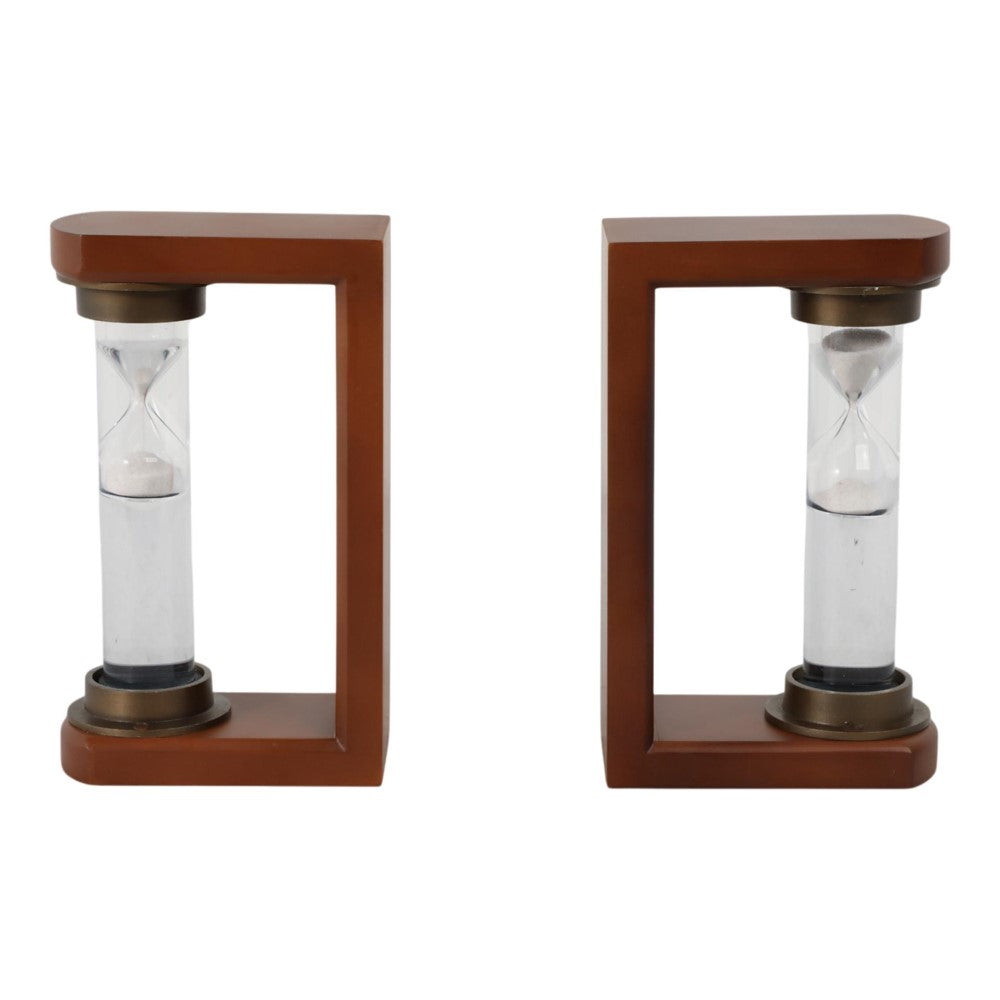 Two wooden hourglass bookends with sand timers.