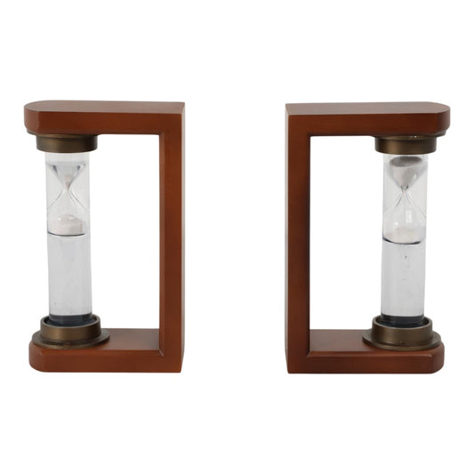 Two wooden hourglass bookends with sand timers.