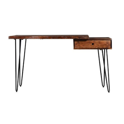 Wooden desk with metal hairpin legs and a single drawer.