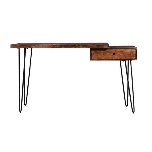 Wooden desk with metal hairpin legs and a single drawer.