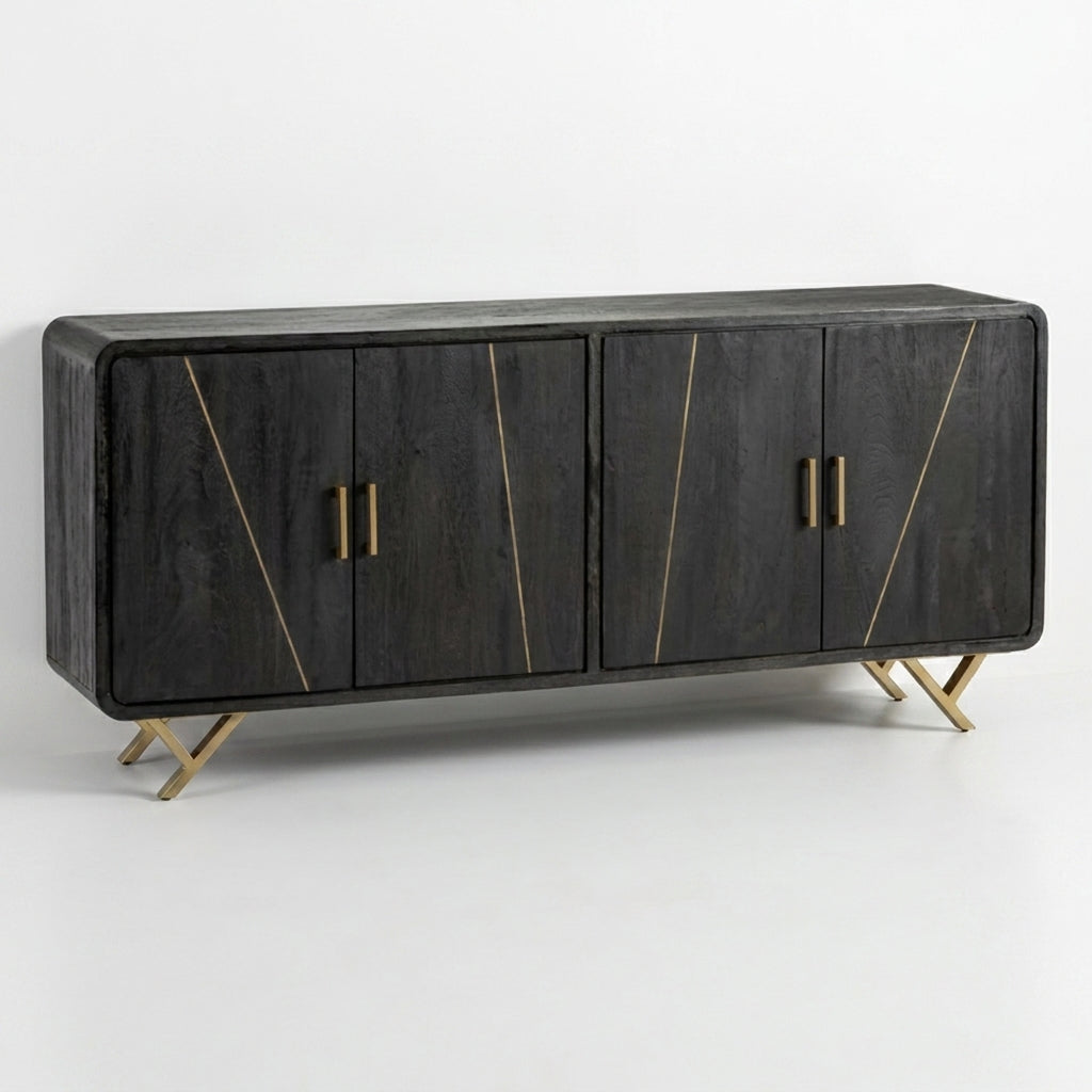 Black sideboard with open doors and gold legs.