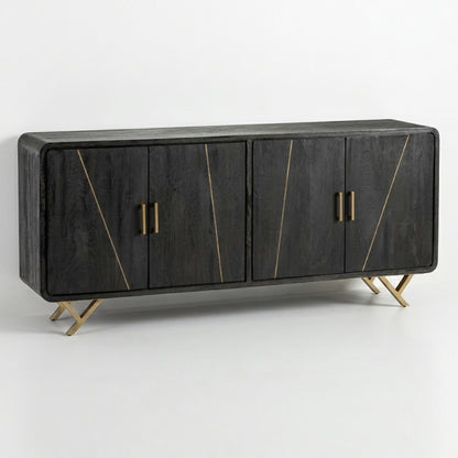 Black sideboard with open doors and gold legs.