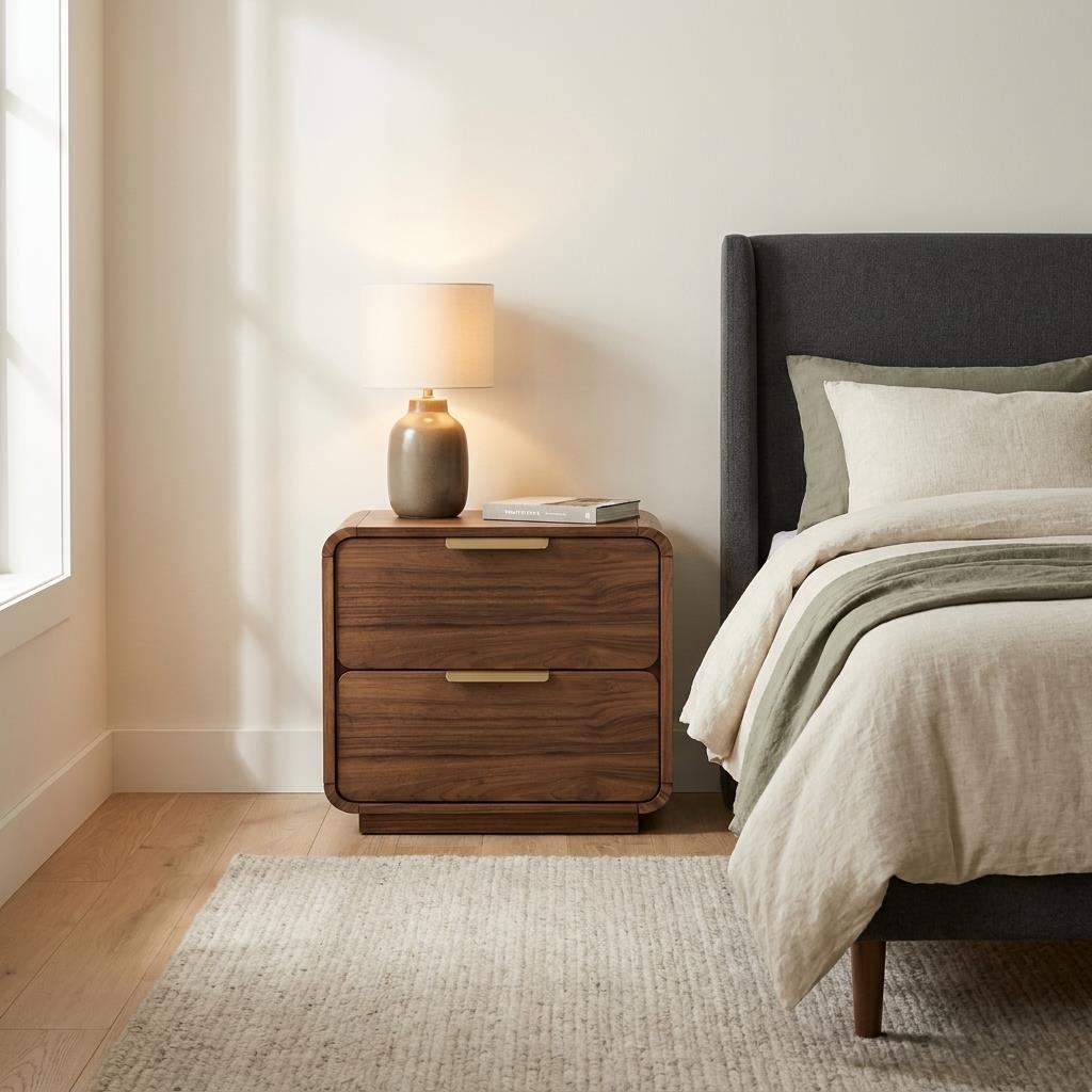 Cozy bedroom with wooden nightstand, lamp, and soft bedding.