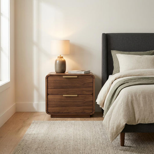 Cozy bedroom with wooden nightstand, lamp, and soft bedding.