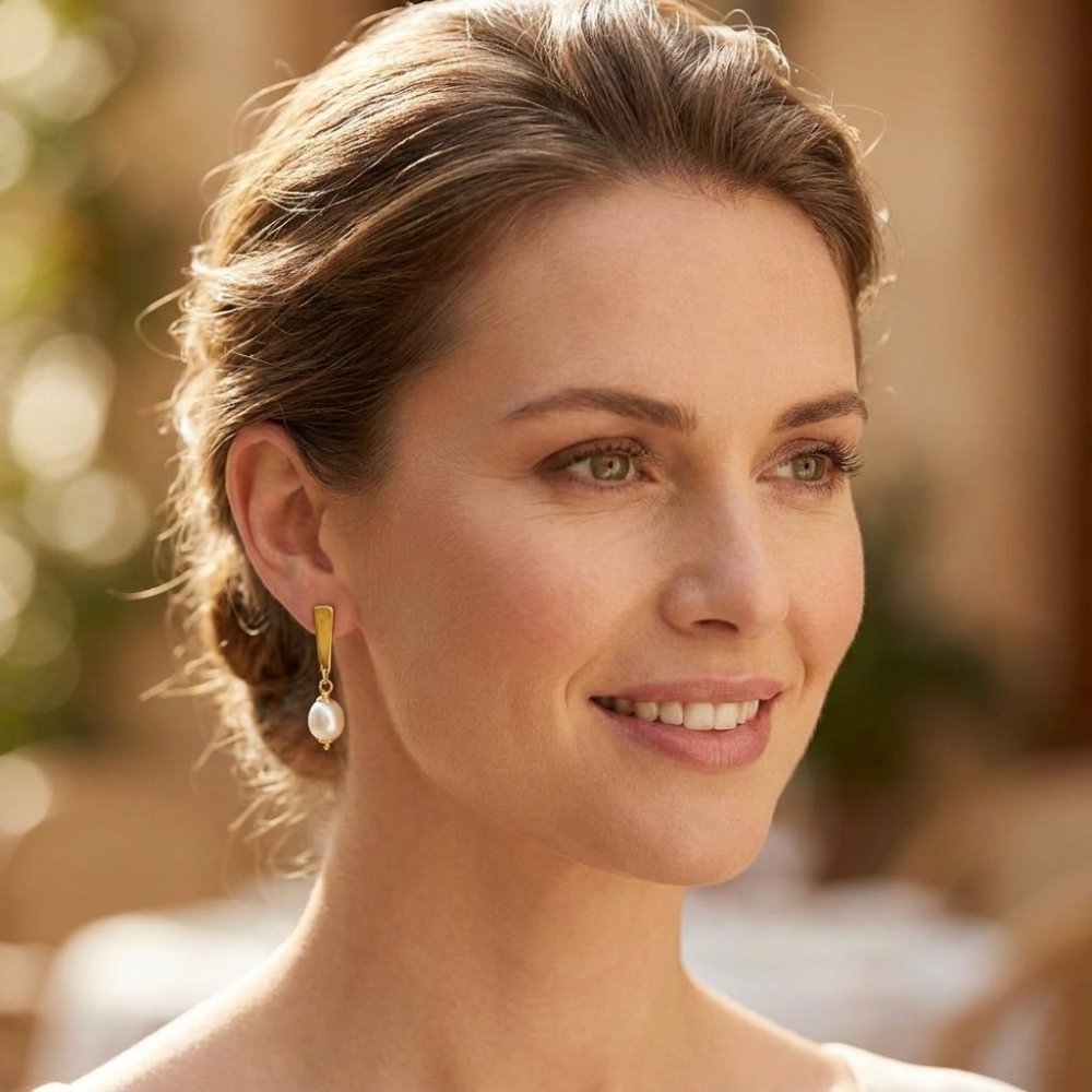 A smiling woman wearing elegant gold and pearl drop earrings in warm sunlight.