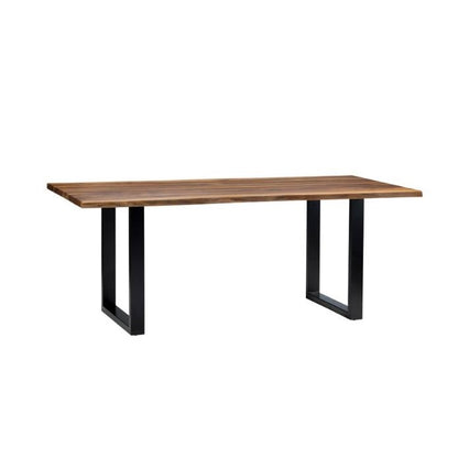 Wooden table with metal legs, minimalist design.