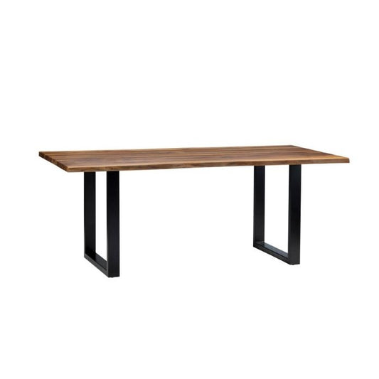 Wooden table with metal legs, minimalist design.