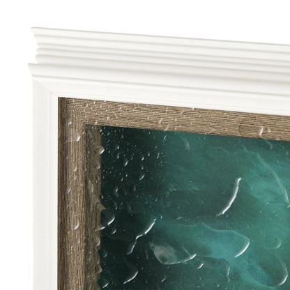 White frame, textured wood detail, glass with water droplets.