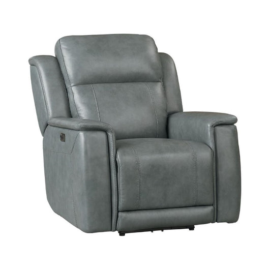 Comfortable gray recliner with sleek design and padded armrests.