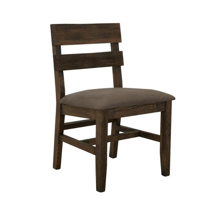 Wooden chair with a cushioned seat and slatted backrest.