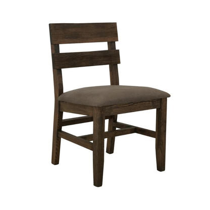 Wooden chair with a cushioned seat and slatted backrest.