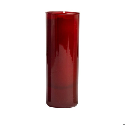 Tall red glass pillar candle with white wick.