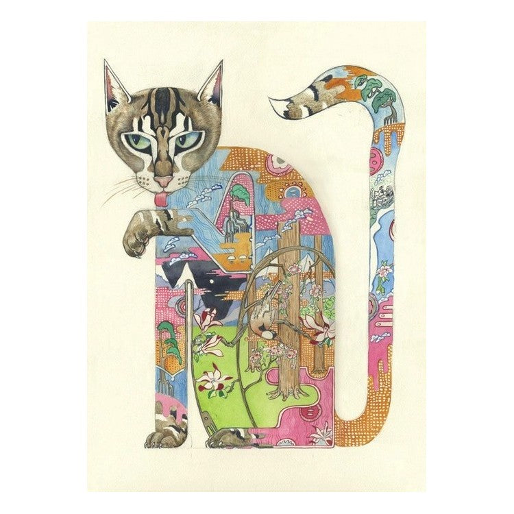 Cat-shaped art filled with vibrant patterns and nature scenes.