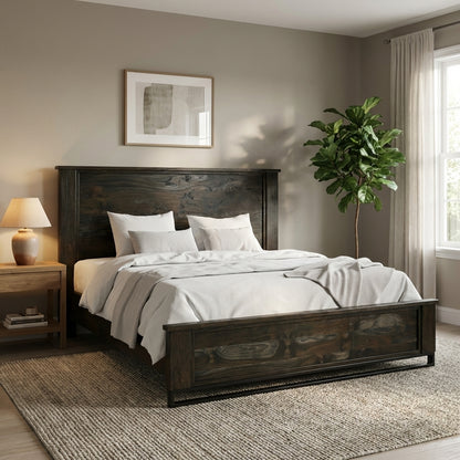 Dark wooden bed with white bedding and pillows, minimalist design.