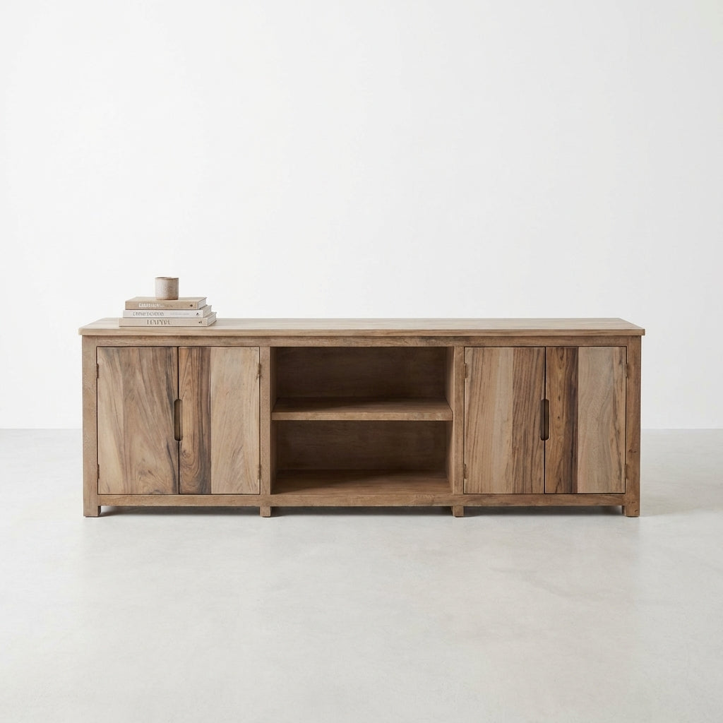 Wooden TV cabinet with open doors and shelves.