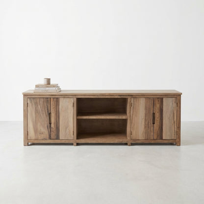 Wooden TV cabinet with open doors and shelves.
