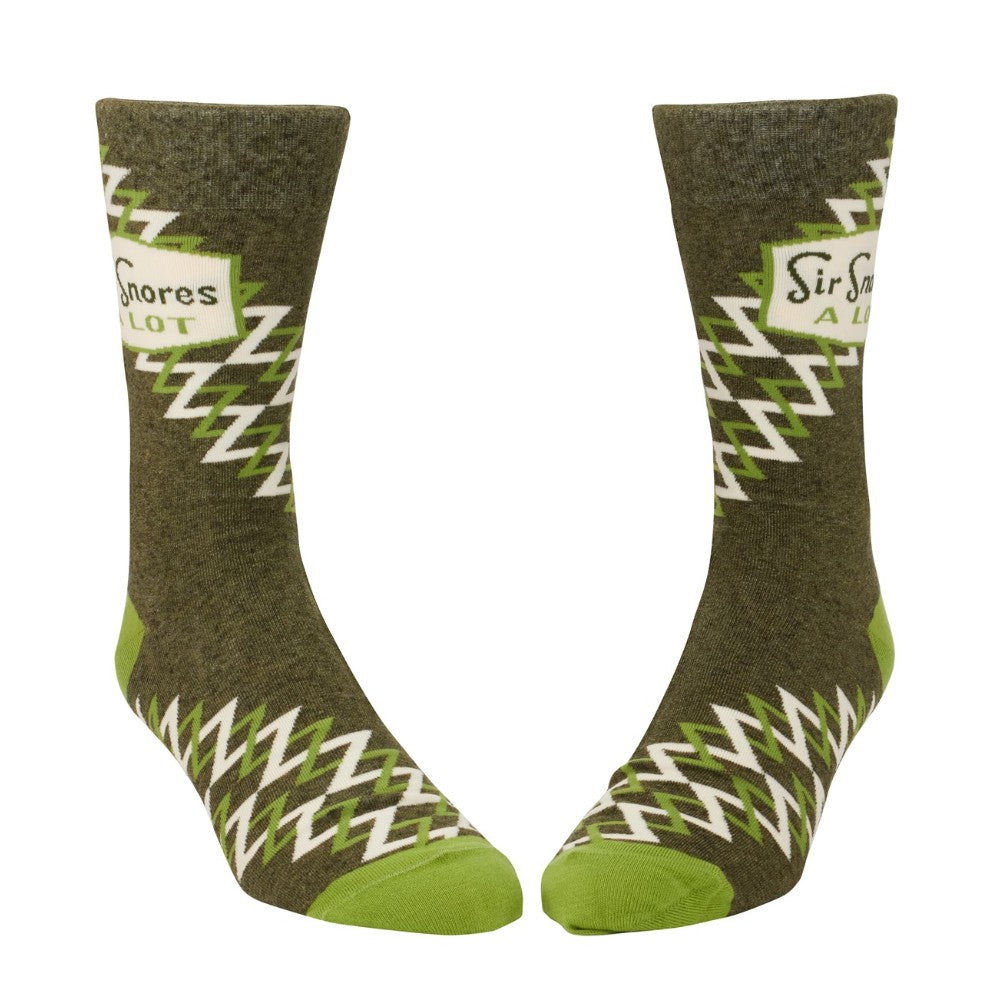 Green socks with zigzag pattern and "Sir Snores A Lot" text.