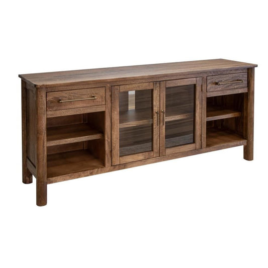 Rustic wooden sideboard with drawers, shelves, and glass cabinet doors.