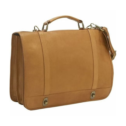 Brown leather briefcase with handle and strap.