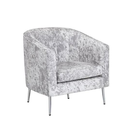 Gray speckled armchair with metal legs.