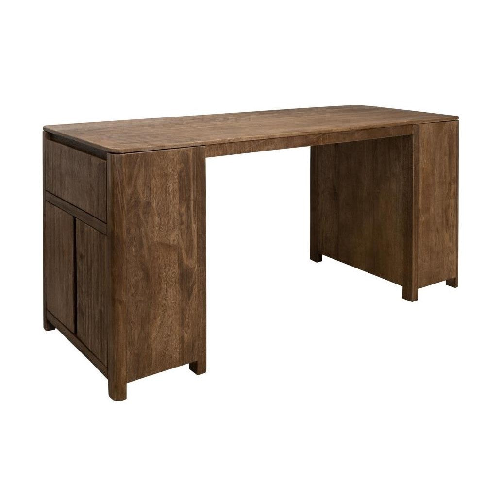 Wooden desk with a sleek, minimalist design and storage on the side.
