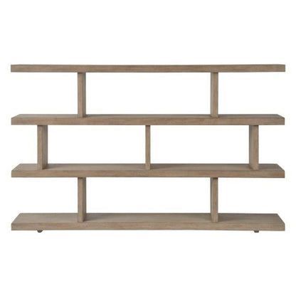 A minimalist wooden shelving unit with three tiers and open geometric compartments.