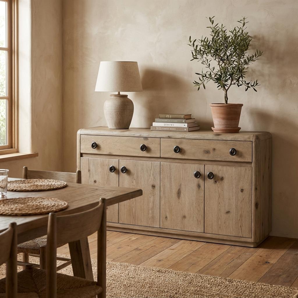 Wooden sideboard with a lamp, plant, books; cozy dining area.