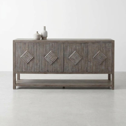 Wooden sideboard with geometric patterned doors.