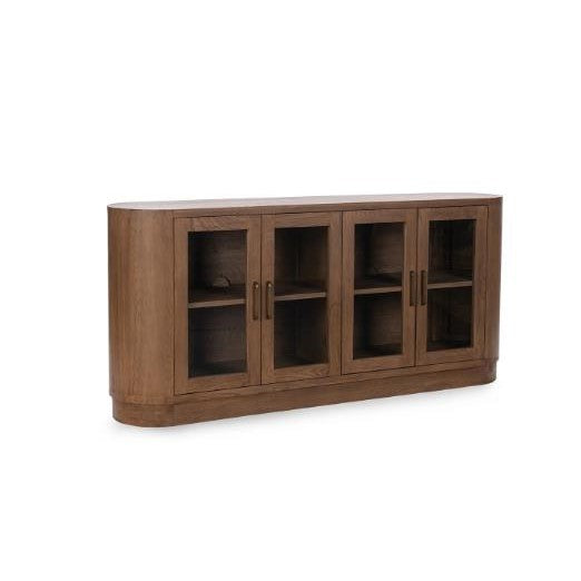 Wooden cabinet with four glass doors and rounded edges.