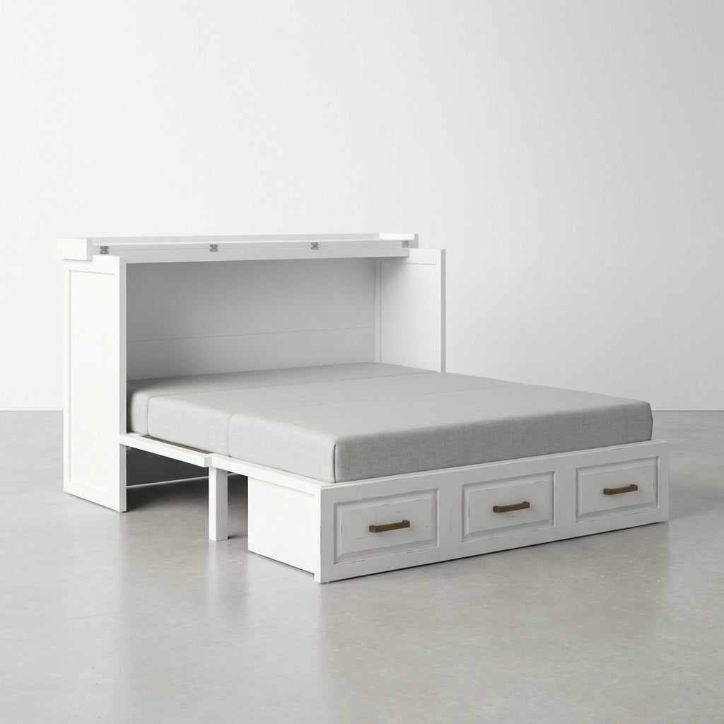 White convertible bed with storage drawers and a sleek design.