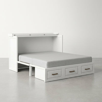 White convertible bed with storage drawers and a sleek design.
